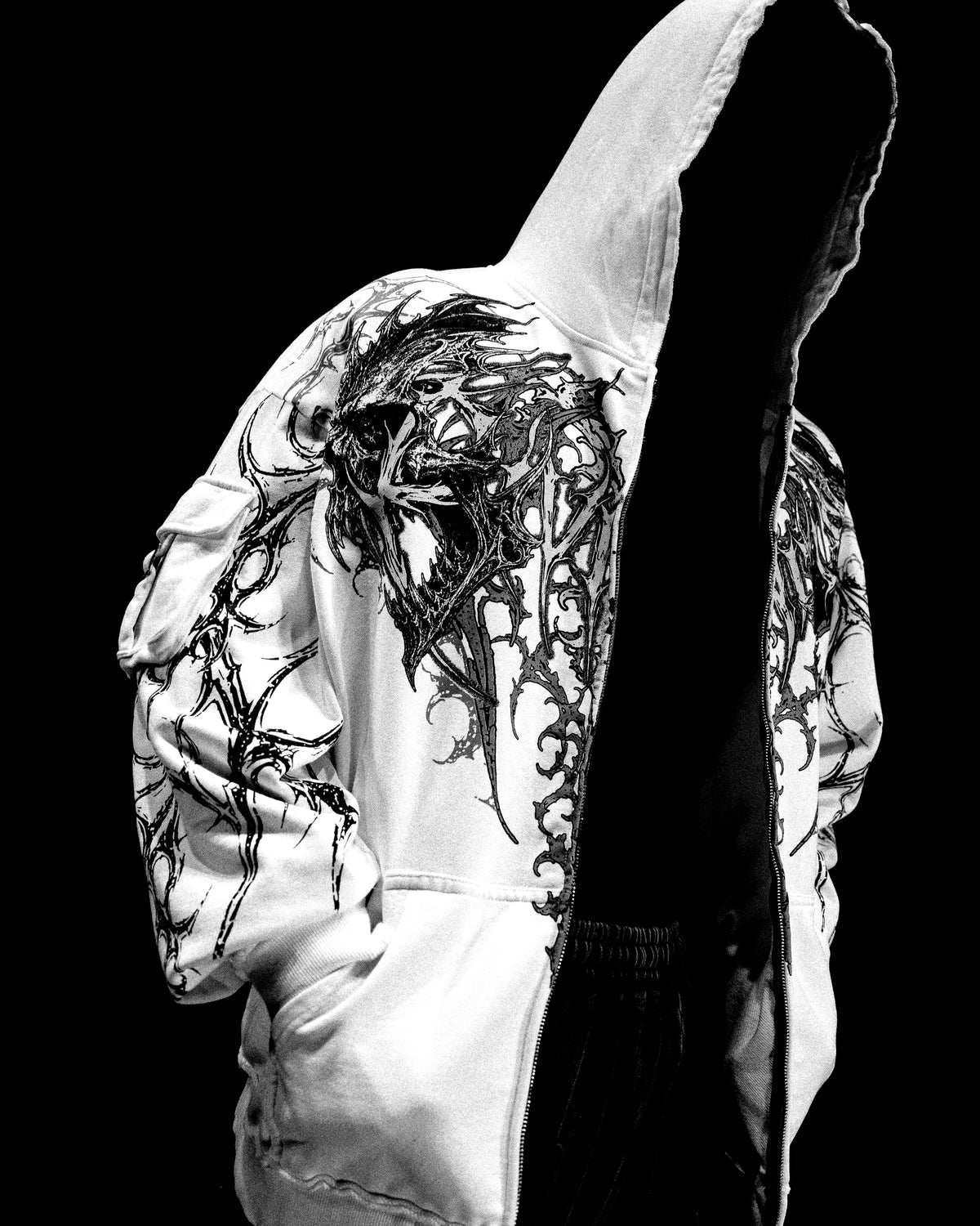 Breathedivinity Vindicator Tarnished Cargo Oversized Zip-Up Hoodie Divine White
