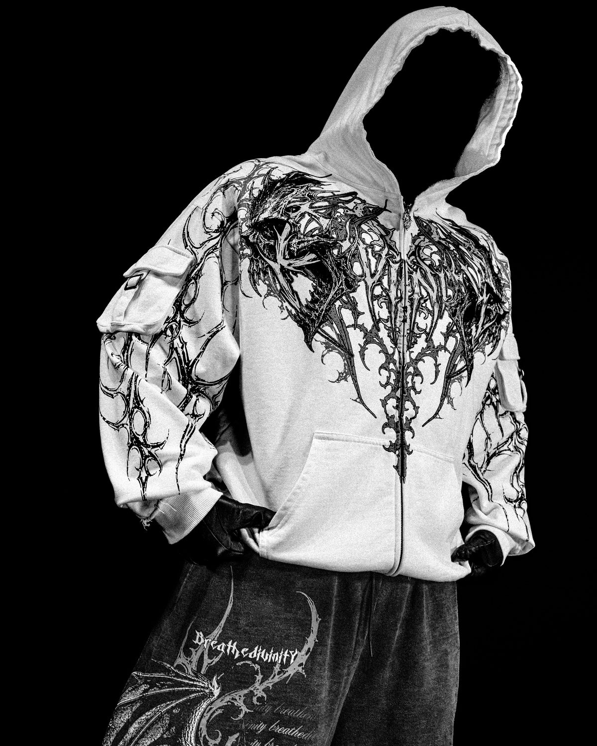 Breathedivinity Vindicator Tarnished Cargo Oversized Zip-Up Hoodie Divine White