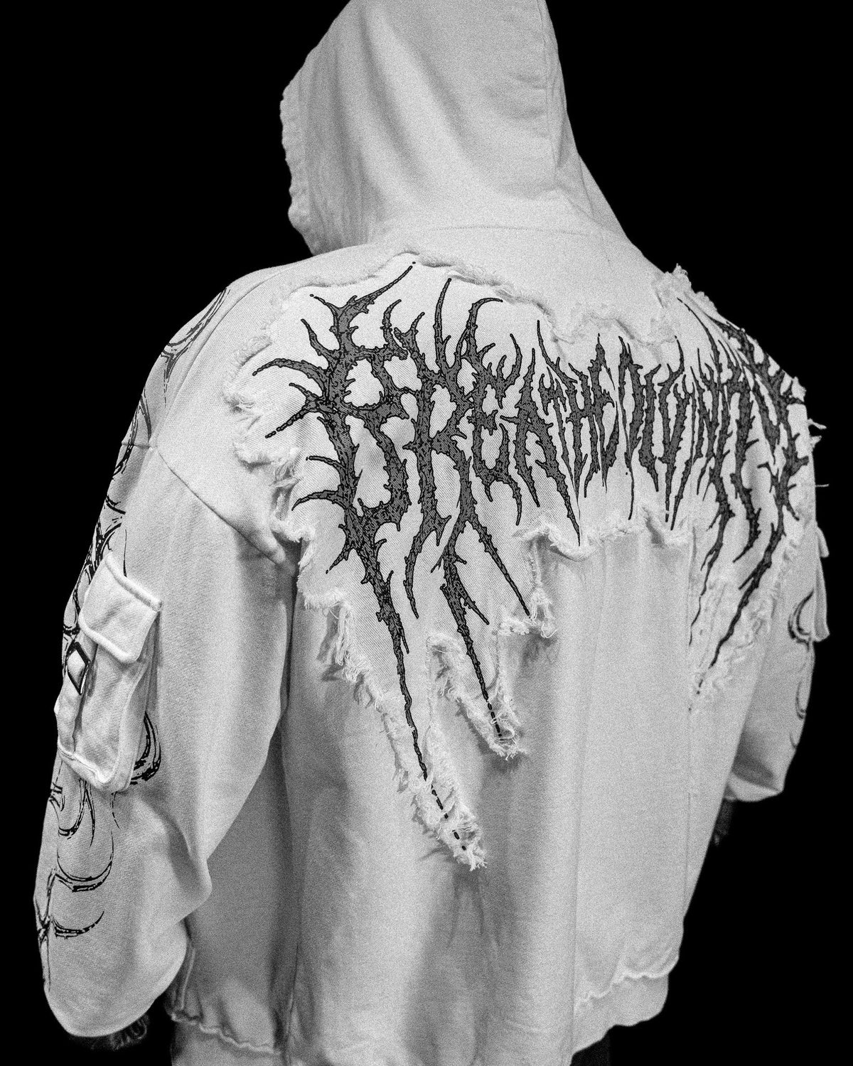 Breathedivinity Vindicator Tarnished Cargo Oversized Zip-Up Hoodie Divine White