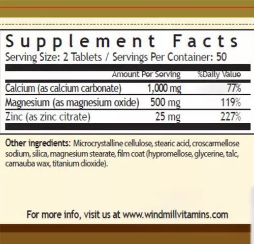 Windmill Calcium, Magnesium, Zinc 100 Tabletas