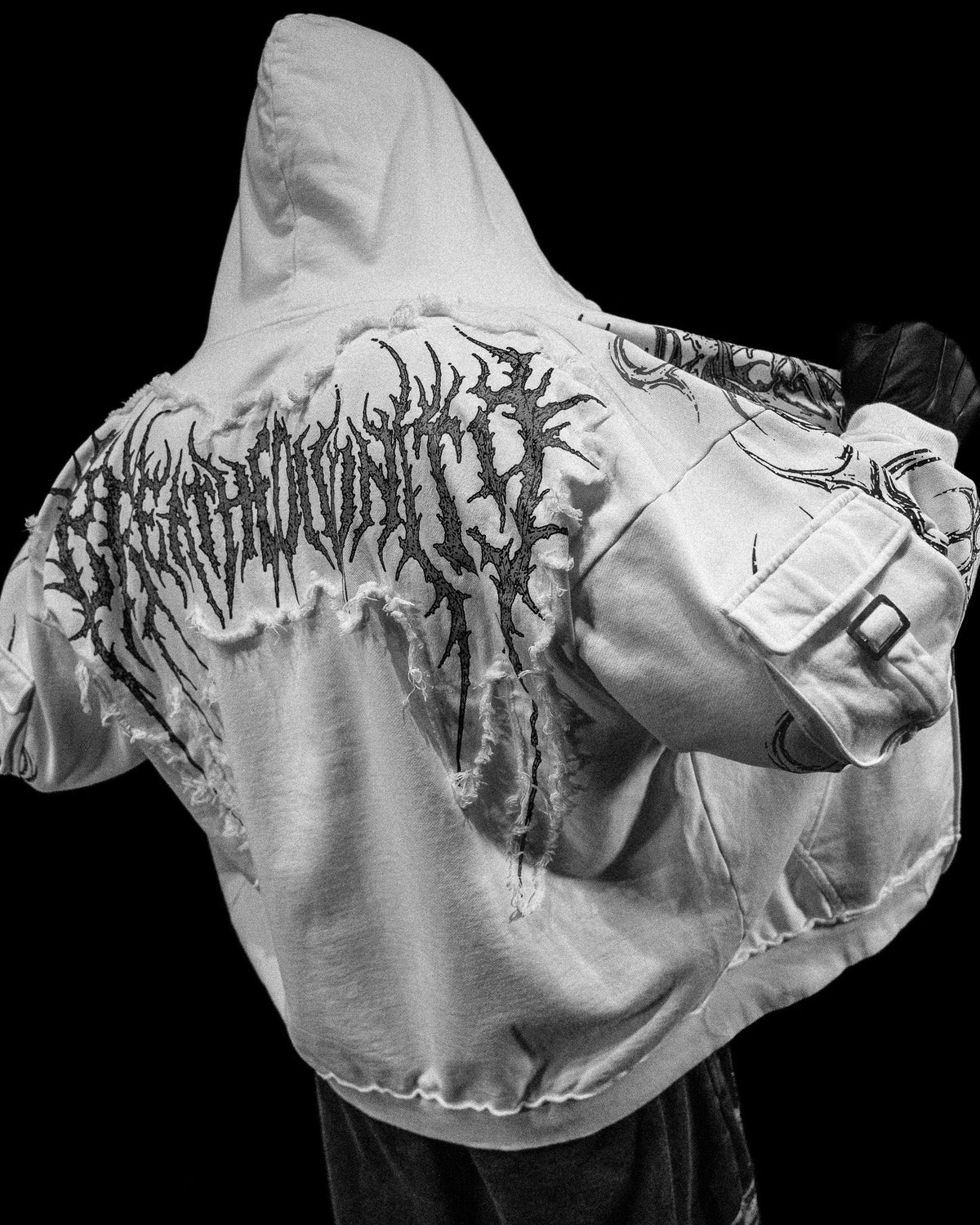 Breathedivinity Vindicator Tarnished Cargo Oversized Zip-Up Hoodie Divine White