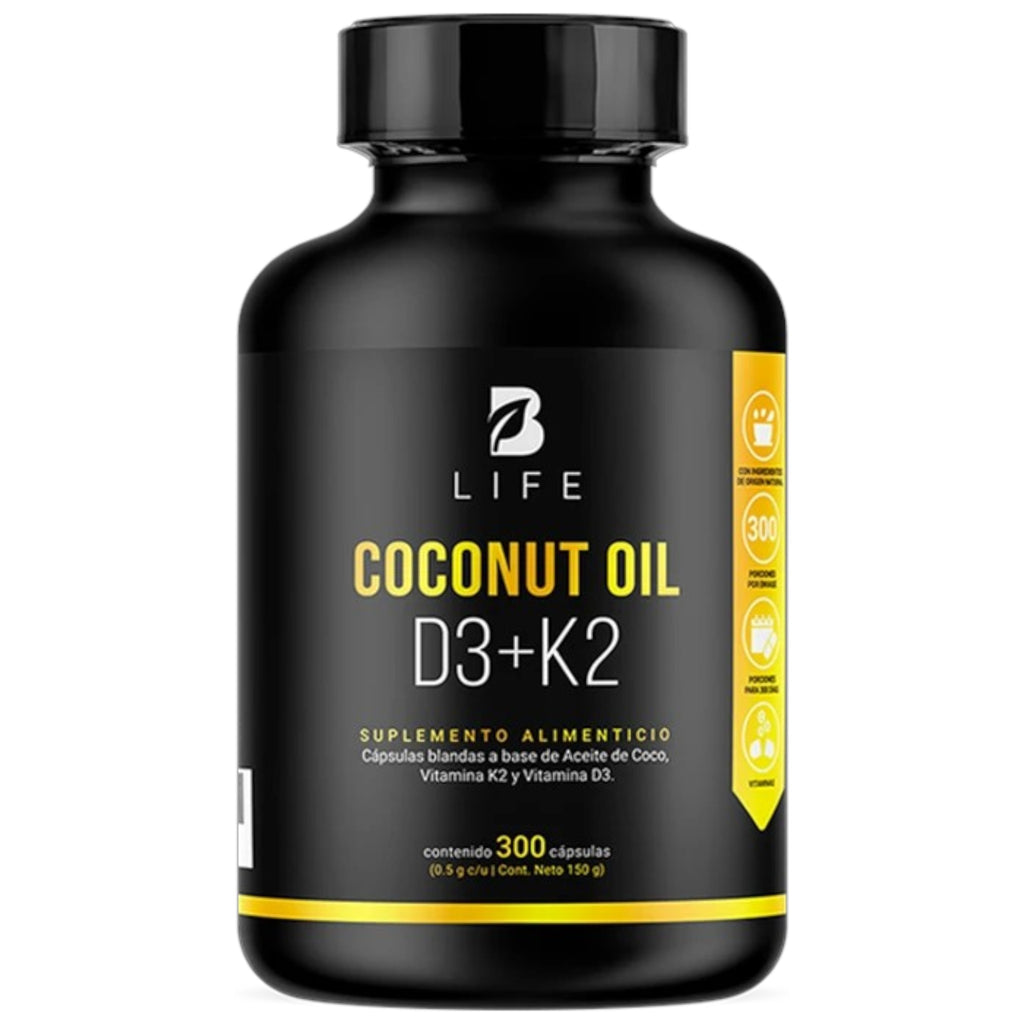 B Life Coconut Oil D3+K2 | Aceite de Coco, Vitamina D3 y K2 300 Capsulas