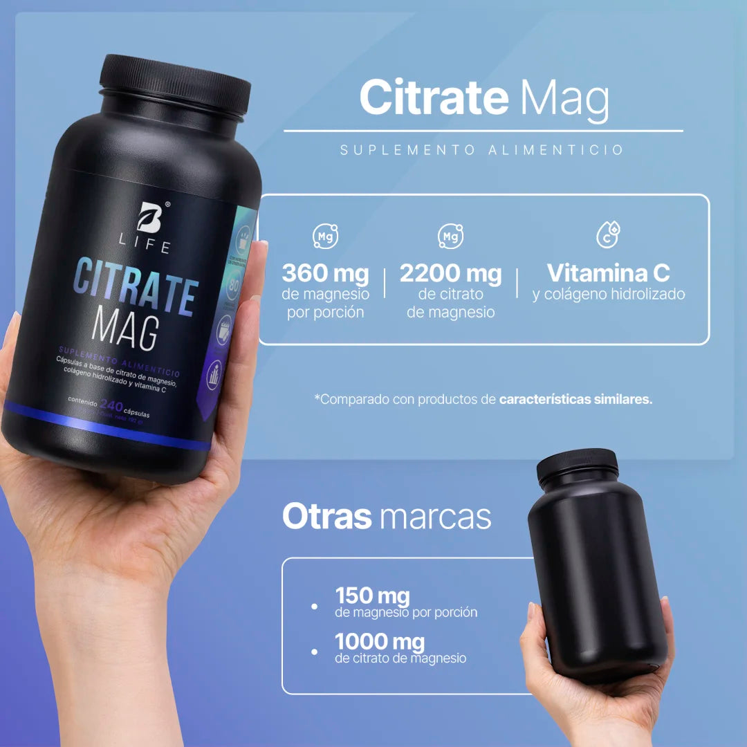 B Life Citrate Mag Formulación con Citrato de Magnesio, Vitamina C y Colágeno 240 Capsulas